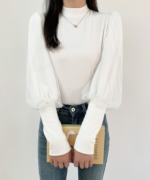 ABITOKYO（アビトーキョー）の「袖ボリュウームチュールドッキングトップス（Tシャツ/カットソー・レディース・ホワイト/モカ/ブラック・M/L/XL）」の12枚目の写真
