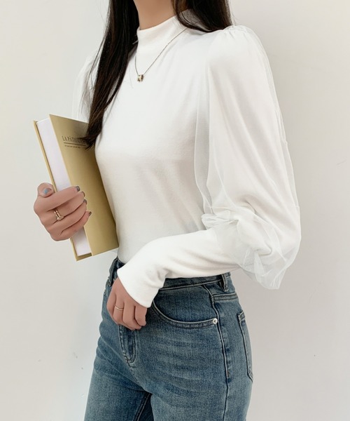 ABITOKYO（アビトーキョー）の「袖ボリュウームチュールドッキングトップス（Tシャツ/カットソー・レディース・ホワイト/モカ/ブラック・M/L/XL）」の11枚目の写真