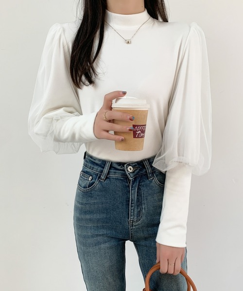 ABITOKYO（アビトーキョー）の「袖ボリュウームチュールドッキングトップス（Tシャツ/カットソー・レディース・ホワイト/モカ/ブラック・M/L/XL）」の8枚目の写真