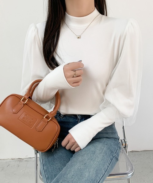 ABITOKYO（アビトーキョー）の「袖ボリュウームチュールドッキングトップス（Tシャツ/カットソー・レディース・ホワイト/モカ/ブラック・M/L/XL）」の6枚目の写真