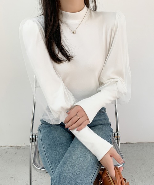 ABITOKYO（アビトーキョー）の「袖ボリュウームチュールドッキングトップス（Tシャツ/カットソー・レディース・ホワイト/モカ/ブラック・M/L/XL）」の5枚目の写真