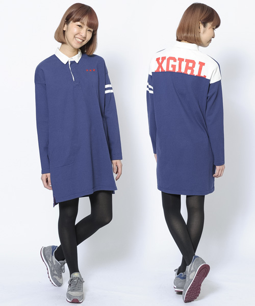 X-girl(エックスガール)の「RUGBY SHIRT DRESS(ワンピース・レディース・ブラック/ネイビー・1/2)」の1枚目の写真