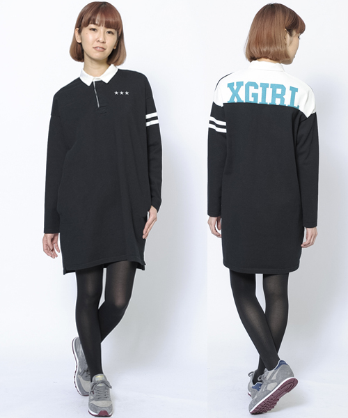 X-girl(エックスガール)の「RUGBY SHIRT DRESS(ワンピース・レディース・ブラック/ネイビー・1/2)」の2枚目の写真
