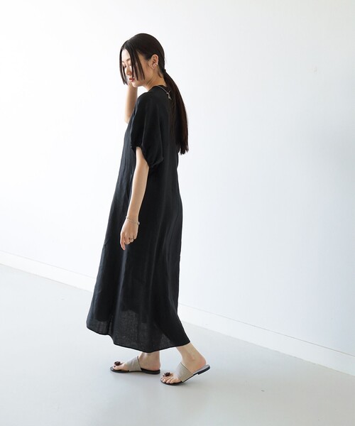極美品＊ティッカ リネンバルーンスリーブワンピース F グリーン 麻100日本製 極美品＊ティッカ リネンバルーンスリーブワンピース F グリーン
