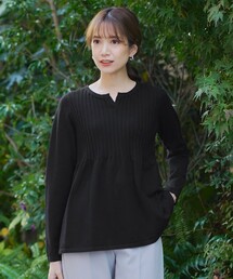 【洗える】リブ切り替えフレアニットトップス