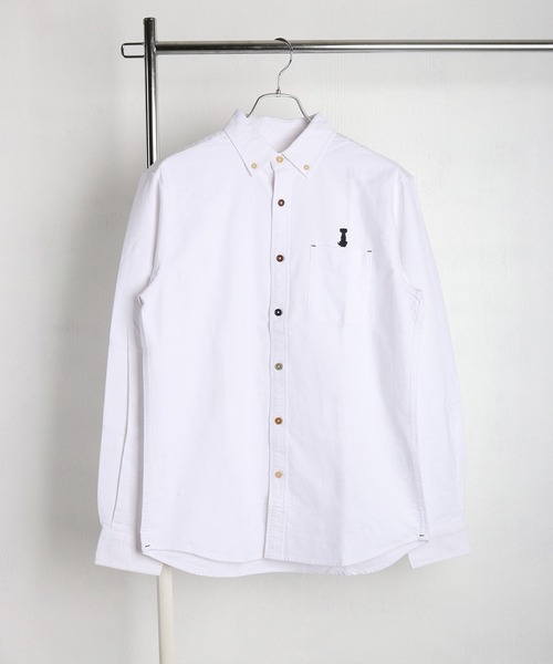 ommo ホワイト 長袖シャツ ロゴ刺繍 セール】ワンポイント イヌ刺繍 オックスフォードシャツ 長袖（シャツ