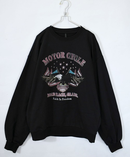 Blamink ブラック トレーナー セール】裏毛 先染め プリント クルーネック/トレーナー/スウェット