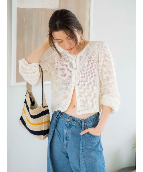 Ungrid（アングリッド）の「メッシュショートニットカーデ（カーディガン/ボレロ・レディース・グリーン系その他/オフホワイト/ブラック・FREE）」の4枚目の写真