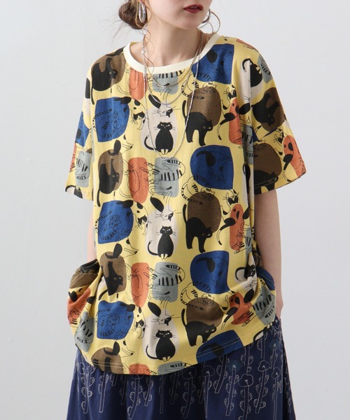 tシャツ EMAGO ゆるネコ総柄Tシャツ レディース Emago tシャツ EMAGO ゆるネコ総柄Tシャツ レディース