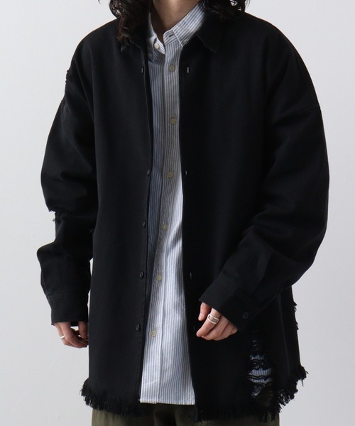 RE730(アールイーセブンサーティー)の「Ripped long sleeve work shirt / ダメージ加工 長袖ワークシャツ(シャツ/ブラウス・メンズ・ブラック系/ブラック系1/ホワイト・M/L)」の1枚目の写真