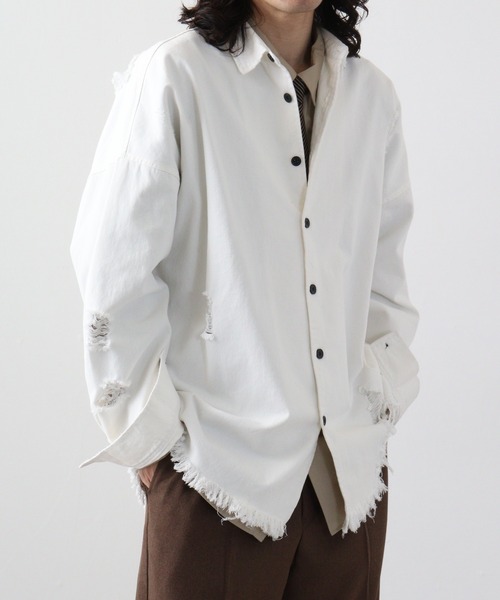 Ripped long sleeve work shirt / ダメージ加工 長袖ワークシャツ（シャツ/ブラウス）｜RE730（アールイーセブンサーティー）