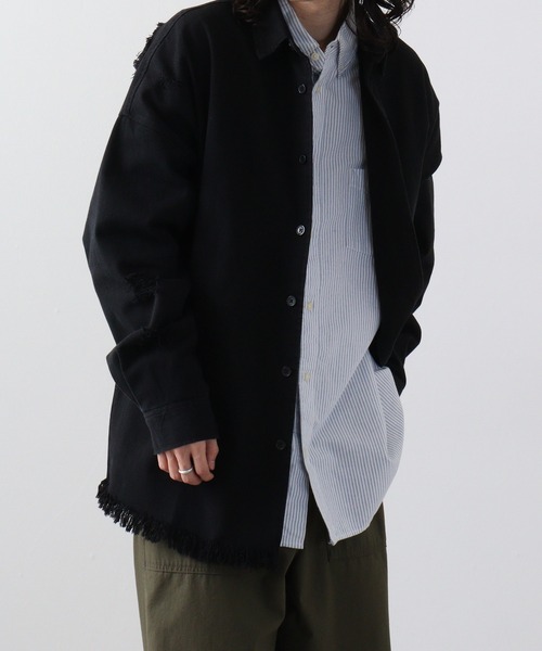 RE730(アールイーセブンサーティー)の「Ripped long sleeve work shirt / ダメージ加工 長袖ワークシャツ(シャツ/ブラウス・メンズ・ブラック系/ブラック系1/ホワイト・M/L)」の10枚目の写真