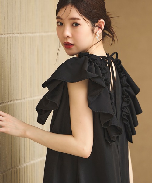 RUIRUE BOUTIQUE(ルイルエブティック)の「洗えるショルダーフリルAラインリラクシーロング丈ワンピース リゾート(ワンピース・レディース・ピンク/ベージュ/ブラック/ブルー・LL/L/M/S)」の9枚目の写真