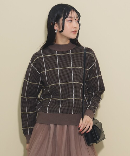 ニット セーター BEAMS HEART / ハイネックチェック ニットプルオーバー レディース BEAMS HEART ニット セーター / ハイネックチェック ニットプル