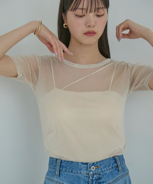 VIS(ビス)の「【洗える】シアーラメレイヤードTシャツ(Tシャツ/カットソー・レディース・グレー/ブラック/ピンク系その他2/オフホワイト・FREE)」の2枚目の写真