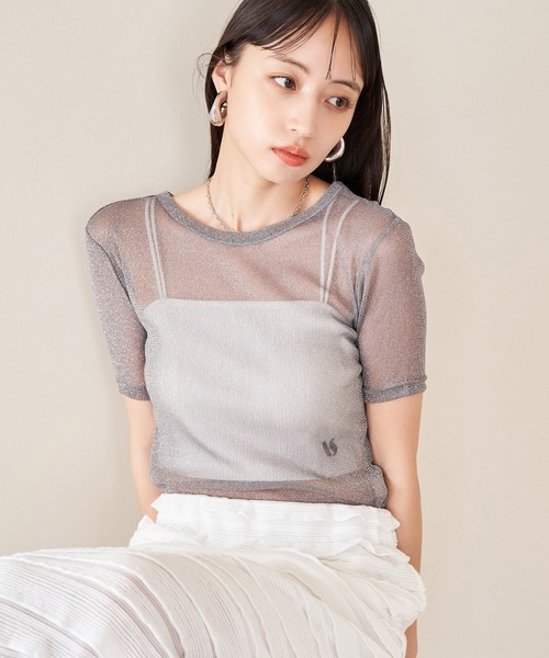 VIS(ビス)の「【洗える】シアーラメレイヤードTシャツ(Tシャツ/カットソー・レディース・グレー/ブラック/ピンク系その他2/オフホワイト・FREE)」の8枚目の写真