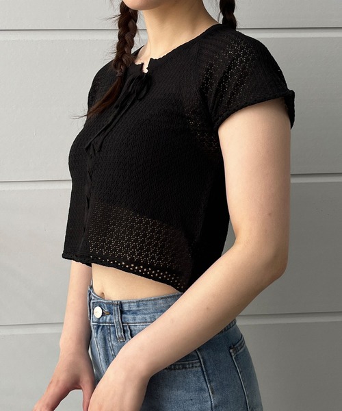 GLAMOROUS JANE(グラマラスジェーン)の「レースアップリボン半袖ニットトップス(ニット/セーター・レディース・ホワイト/ブラック/ベージュ・FREE)」の14枚目の写真