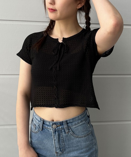 GLAMOROUS JANE(グラマラスジェーン)の「レースアップリボン半袖ニットトップス(ニット/セーター・レディース・ホワイト/ブラック/ベージュ・FREE)」の16枚目の写真