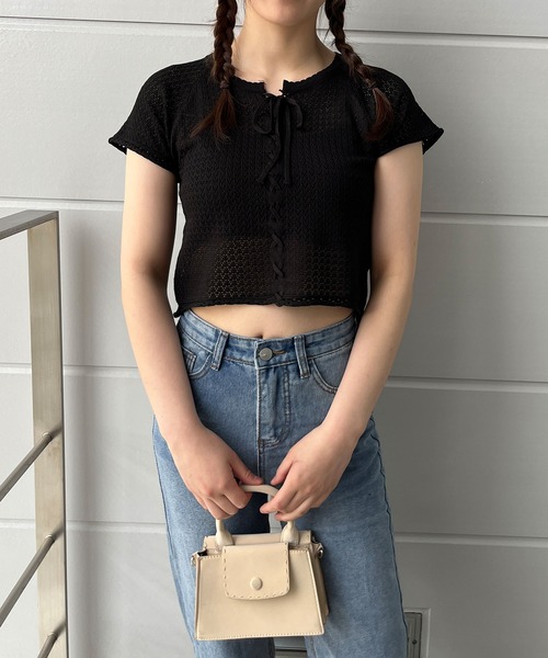 GLAMOROUS JANE(グラマラスジェーン)の「レースアップリボン半袖ニットトップス(ニット/セーター・レディース・ホワイト/ブラック/ベージュ・FREE)」の17枚目の写真