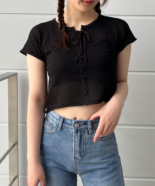 GLAMOROUS JANE(グラマラスジェーン)の「レースアップリボン半袖ニットトップス(ニット/セーター・レディース・ホワイト/ブラック/ベージュ・FREE)」の18枚目の写真