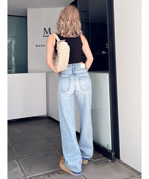 パンツ Double waist denime pants セール】ハイウエストDOUBLEベルトワイドデニムパンツ（デニム
