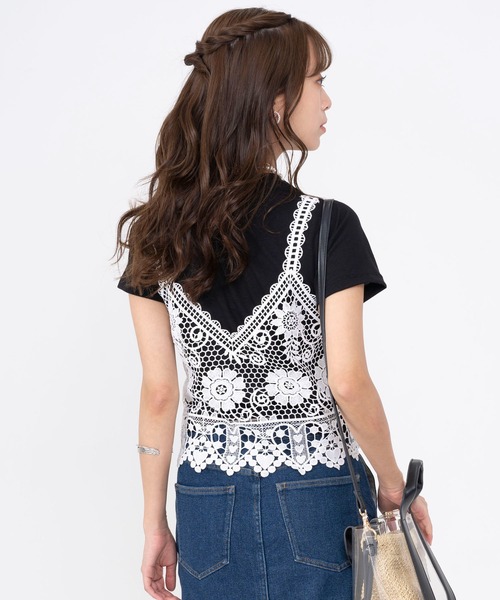 tシャツ レースベスト×Tシャツ レディース レイヤード 重ね着 半袖 Tシャツ レース ベスト 韓国