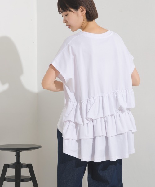 OMNES(オムネス)の「バイオポリウォッシュバッグフリルプルオーバーTシャツ(Tシャツ/カットソー・レディース・ブラック/ホワイト/ピンク/ネイビー/グレー・FREE)」の2枚目の写真