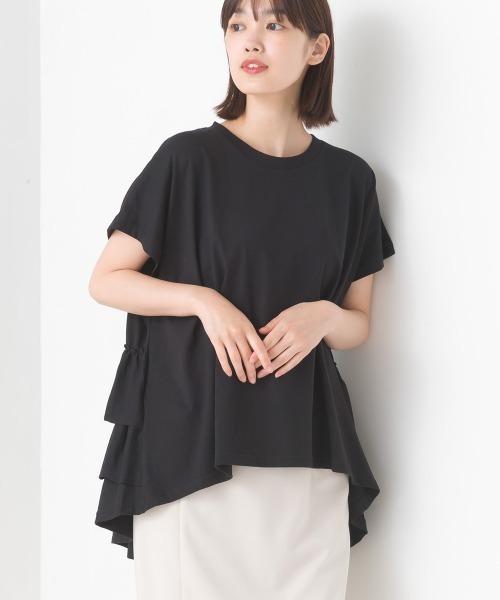 OMNES(オムネス)の「バイオポリウォッシュバッグフリルプルオーバーTシャツ(Tシャツ/カットソー・レディース・ブラック/ホワイト/ピンク/ネイビー/グレー・FREE)」の1枚目の写真