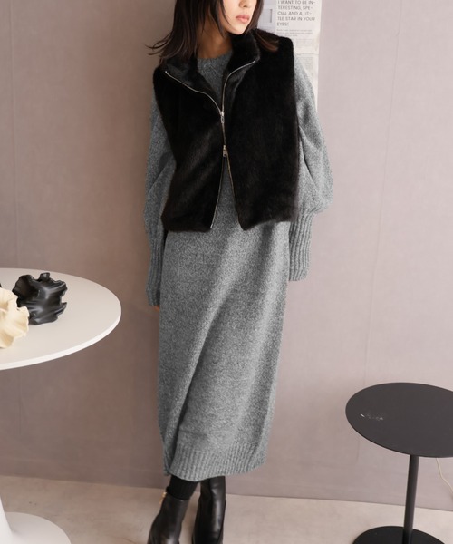 Girly Doll（ガーリードール）の「指ぬきボリューム袖クルーメランジニットワンピース（ワンピース・レディース・グレー/グレイッシュベージュ/モカ/チャコール/アイボリー・F）」の10枚目の写真