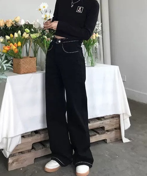セール】バックししゅう デザインステッチ ワイドデニムパンツ
