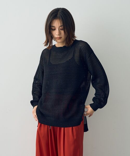 Editt by YECCA VECCA（エディットバイイェッカヴェッカ）の「ラメ混メッシュ編みニット（ニット/セーター・レディース・ブラック/グレイッシュベージュ/チャコールグレー・FREE）」の4枚目の写真
