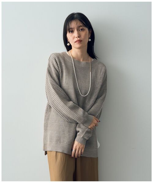 Editt by YECCA VECCA（エディットバイイェッカヴェッカ）の「ラメ混メッシュ編みニット（ニット/セーター・レディース・ブラック/グレイッシュベージュ/チャコールグレー・FREE）」の14枚目の写真