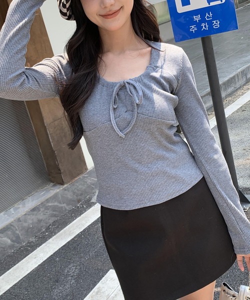 セール】春服 フロントシャーリング リボン スクエアネック
