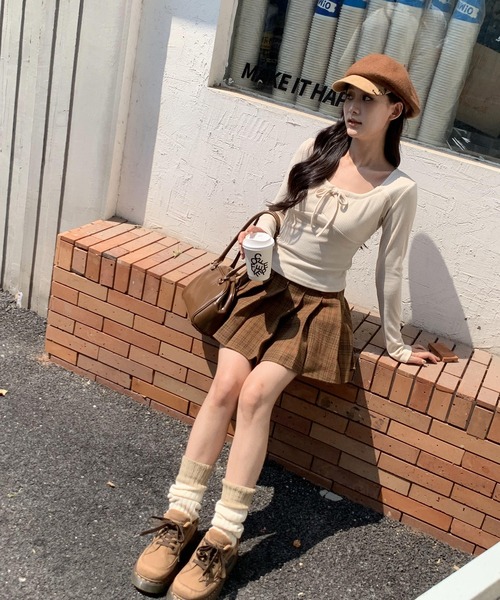 セール】春服 フロントシャーリング リボン スクエアネック
