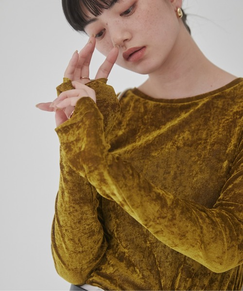 ANGIE（アンジー）の「シアー ベロア トップス（Tシャツ/カットソー・レディース・アイボリー/オリーブ/ライトグレー/ブラウン/グレー/ブラック/ライトピンク/ダークブラウン・FREE）」の7枚目の写真