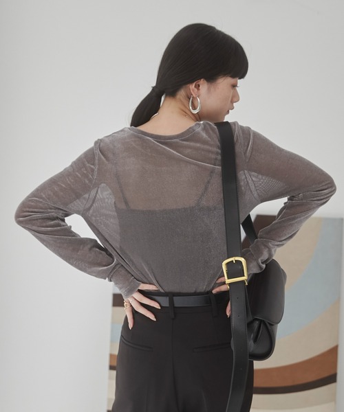 ANGIE（アンジー）の「シアー ベロア トップス（Tシャツ/カットソー・レディース・アイボリー/オリーブ/ライトグレー/ブラウン/グレー/ブラック/ライトピンク/ダークブラウン・FREE）」の19枚目の写真