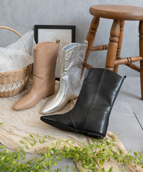 セール】インヒールワイドシャフトミドルブーツ（ブーツ）｜Fabby