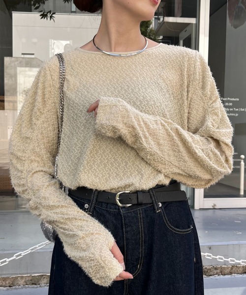 CIAOPANIC TYPY(チャオパニックティピー)の「起毛レースシャーリングトップス(Tシャツ/カットソー・レディース・ベージュ/ブラック/オフホワイト・ONE SIZE)」の1枚目の写真