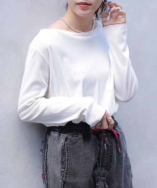 DOUBLE NAME（ダブルネーム）の「配色メローシアーベロアロンTEE（Tシャツ/カットソー・レディース・スミクロ/オフホワイト・FREE）」の12枚目の写真