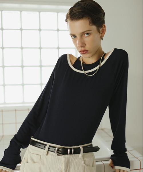 HANNE（アン）の「コントラストトリムロングスリーブTEE（Tシャツ/カットソー・レディース・アイボリー/ネイビー・FREE）」の5枚目の写真