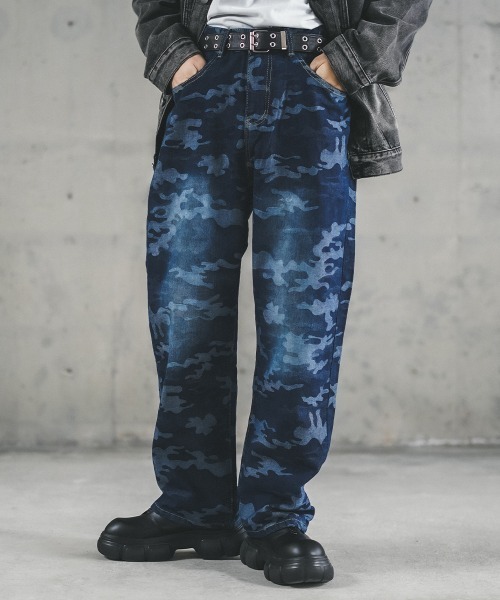 セール】ストレートヴィンテージウォッシュカモフラデニムパンツ