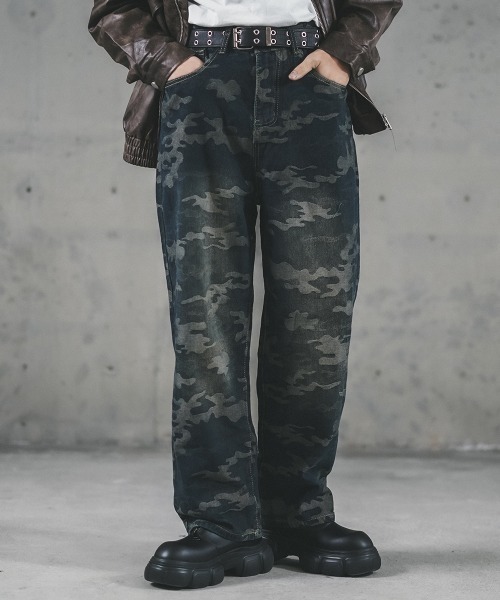 セール】ストレートヴィンテージウォッシュカモフラデニムパンツ