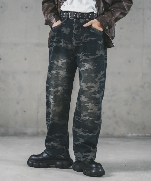 セール】ストレートヴィンテージウォッシュカモフラデニムパンツ