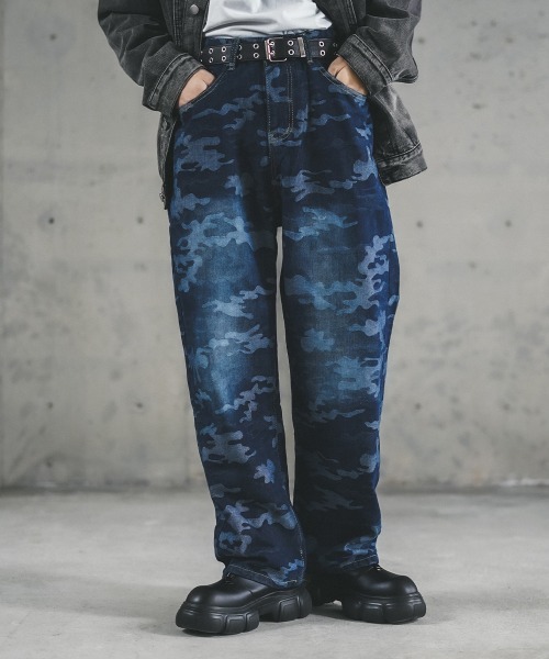 セール】ストレートヴィンテージウォッシュカモフラデニムパンツ