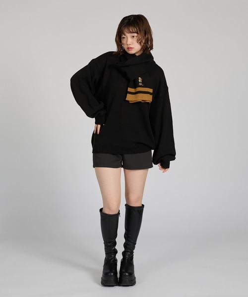 希少✨CREW KETTY テディベア総柄ニット M 黒 レトロ kutir（クティール） セーター ニット 「Teddy Bare」KNIT MUFFLER SET