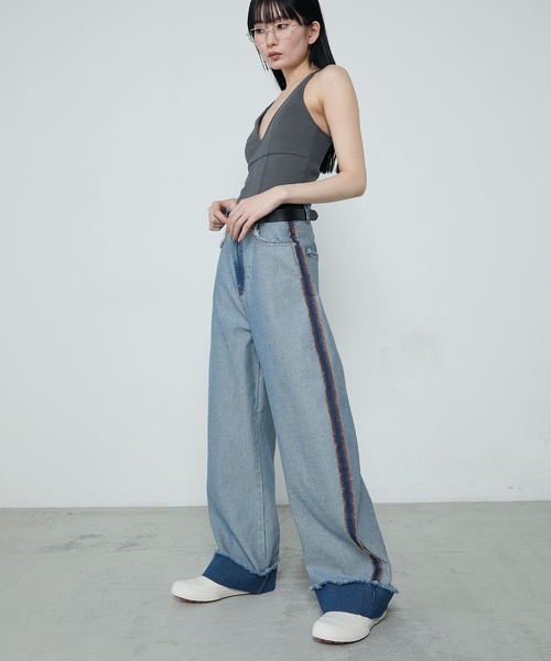 Roll-up fringe outlinking denim pants / ロールアップ