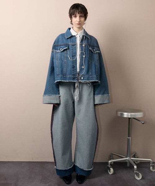 Roll-up fringe outlinking denim pants / ロールアップ
