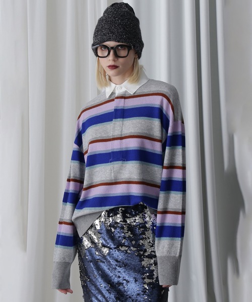 ROSE BUD(ローズバッド)の「(GENE HEAVENS)マルチボーダー ラグビーニット(ニット/セーター・レディース・ネイビー/グレー・ONE SIZE)」の1枚目の写真