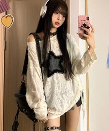 ダメージ スター ルーズ トップス ギャザー デザイン 韓国 ストリート y2k 古着風 長袖 Tシャツ ロンT