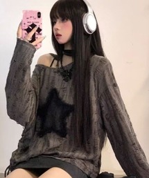 ダメージ スター ルーズ トップス ギャザー デザイン 韓国 ストリート y2k 古着風 長袖 Tシャツ ロンT